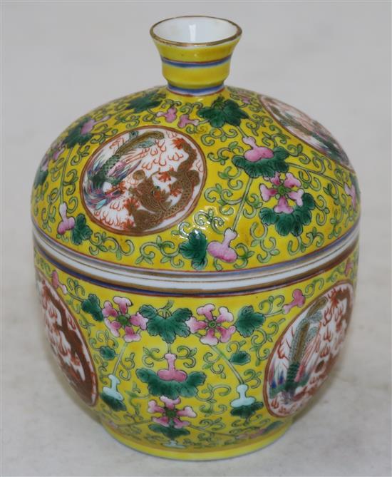 A Straits Chinese yellow ground chupu and cover, Guangxu six character mark and of the period (1875-1908), height 12.7cm